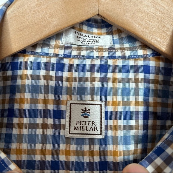 Peter Millar Shirt Mens Brown Blue XL White Plaid Button Front Long Sleeve - Picture 2 of 3
